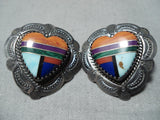 Intricate Vintage Native American Navajo Turquoise Heart Sterling Silver Earrings-Nativo Arts