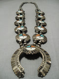 Superior Vintage Native American Navajo Inlay Turquoise Sterling Silver Squash Blossom Necklace-Nativo Arts