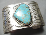Wide Vintage Native American Navajo Hand Tooled #8 Turquoise Sterling Silver Bracelet-Nativo Arts