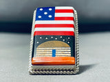 Most Unique Modern Native American Navajo American Flag Hogan Sterling Silver Inlay Ring-Nativo Arts