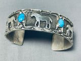 Superior Native American Navajo Kingman Turquoise Sterling Silver Bracelet Horses-Nativo Arts