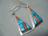 Astonishing Native American Navajo Creek Turquoise Coral Sterling Silver Earrings-Nativo Arts