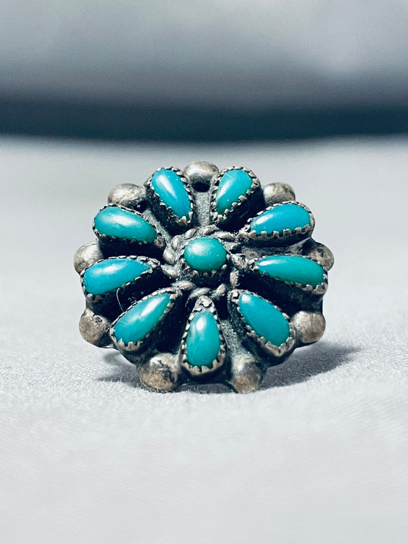 Adorable Vintage Native American Zuni Green Turquoise Sterling Silver Flower Ring-Nativo Arts