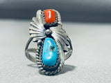 Outstanding Vintage Native American Navajo Morenci Turquoise Coral Sterling Silver Ring-Nativo Arts