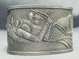 Unique Texture Sterling Silver Native American Navajo Hand Carved Kachina Heavy Bracelet-Nativo Arts