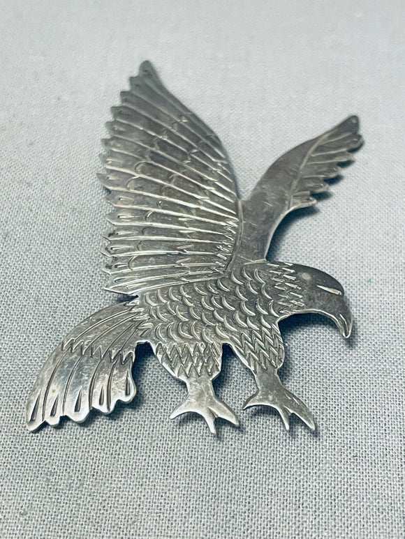 Impressive Native American Navajo Sterling Silver Soaring Eagle Pin Signed-Nativo Arts