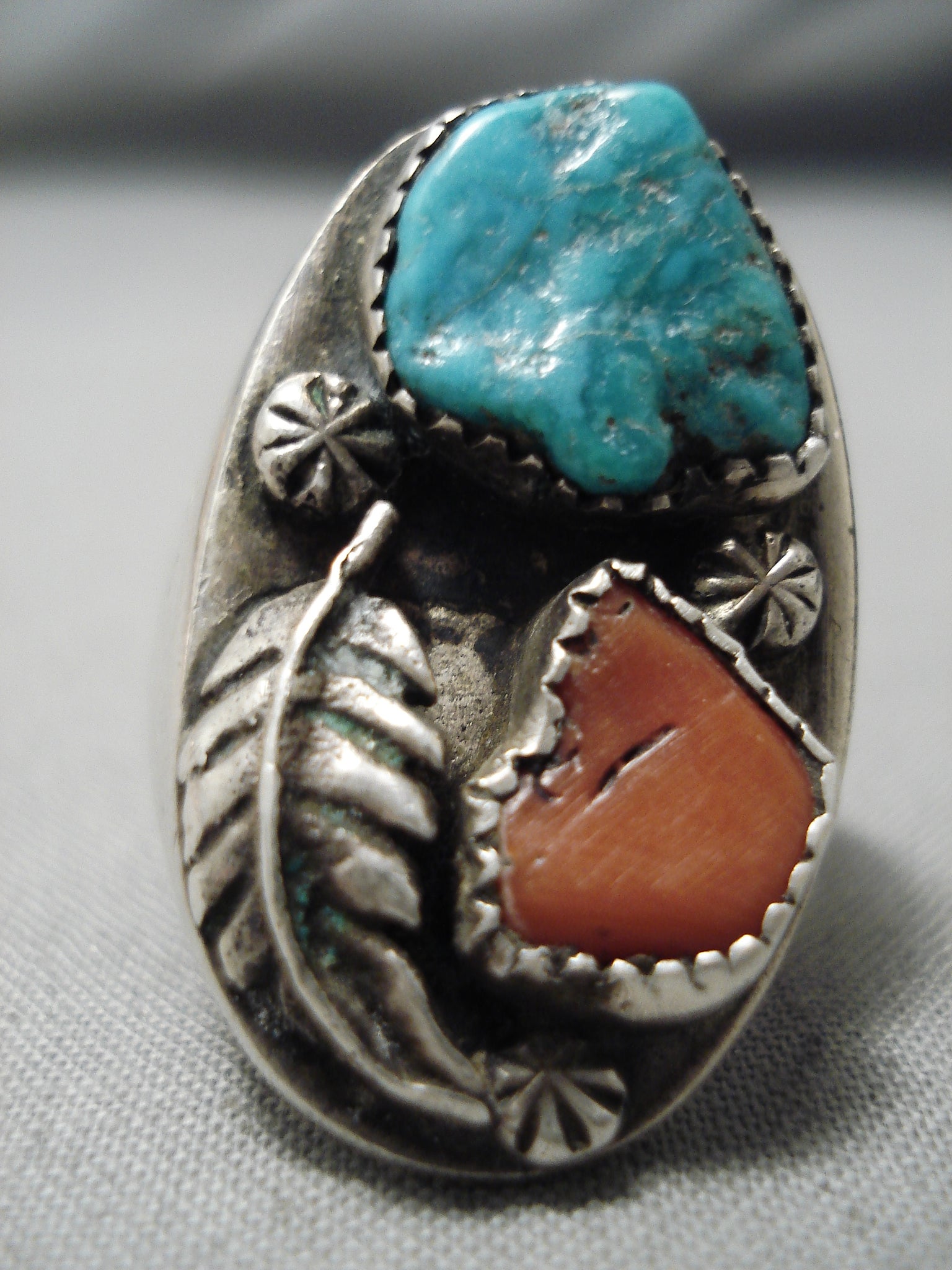 Vintage huge Afghan Turquoise and orders coral carved ring