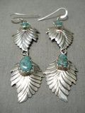 Native American Wonderful Hand Carved Sterling Silver Leaves Turquoise Earrings-Nativo Arts