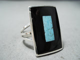 Eye Catching Zuni Native American Turquoise Jet Sterling Silver Ring-Nativo Arts