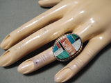 Huge Men's Native American Navajo Turquoise Coral Jet Inlay Sterling Silver Ring-Nativo Arts