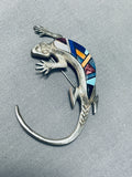 Native American Important Gecko Turquoise Inlay Sterling Silver Frank Yazzie Pin-Nativo Arts