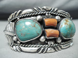 Fantastic Vintage Native American Navajo Royston Turquoise Coral Sterling Silver Bracelet-Nativo Arts