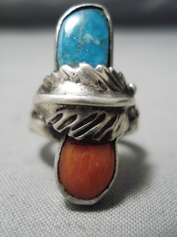 Marvelous Vintage Native American Navajo Deep Blue Turquoise Coral Sterling Silver Leaf Ring Old-Nativo Arts