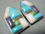 Native American Beautiful Vintage Zuni Turquoise Gaspeite Inlaid Sterling Silver Earrings-Nativo Arts