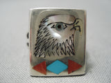Exceptional Zuni Native American Turquoise Bird Coral Sterling Silver Ring-Nativo Arts