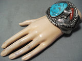 One Of The Best Vintage Native American Navajo Turquoise Coral Sterling Silver Bracelet-Nativo Arts