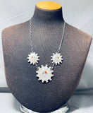 Beautiful Vintage Native American Zuni Inlay Mother Of Pearl 3 Sunfaces Sterling Silver Necklace-Nativo Arts