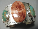 One Of The Biggest Native American Navajo Red Shell Green Turquoise Sterling Silver Bracelet-Nativo Arts
