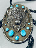 Big Buffalo Powerful Vintage Native American Navajo Turquoise Sterling Silver Bolo Tie-Nativo Arts