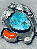 Native American Important Vintage Navajo Turquoise Coral Sterling Silver Pendant Pin Old-Nativo Arts