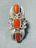 Dazzling Native American Navajo Coral Sterling Silver Ring-Nativo Arts