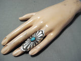 Eye Catching Native American Navajo Old Kingman Turquoise Sterling Silver Concho Ring-Nativo Arts