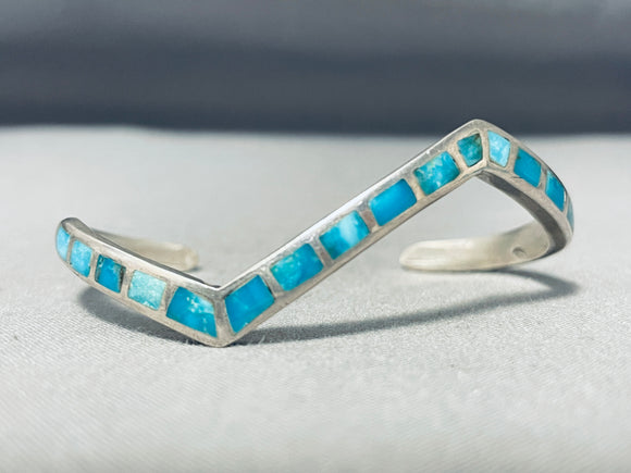 Impressive Vintage Native American Navajo Inlay Turquoise Sterling Silver Angled Bracelet-Nativo Arts