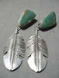 Spectacular Native American Navajo Royston Turquoise Sterling Silver Feather Earrings-Nativo Arts