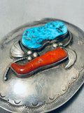 Remarkable Vintage Native American Navajo Morenci Turquoise & Coral Sterling Silver Buckle-Nativo Arts