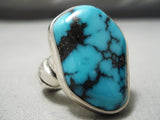 Striking Vintage Native American Navajo Intense Godber Turquoise Sterling Silver Ring Old-Nativo Arts