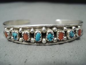 Impressive Vintage Native American Navajo Turquoise & Coral Sterling Silver Bracelet-Nativo Arts