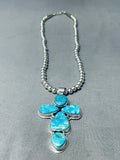 Stunning Native American Navajo Kingman Turquoise Sterling Silver Cross Necklace-Nativo Arts