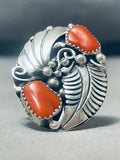 Tommy Nez Native American Navajo Coral Chunk Sterling Silver Leaf Ring-Nativo Arts