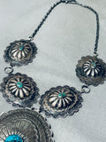 Huge Hand Tooled Vintage Native American Navajo Turquoise Sterling Silver Concho Necklace-Nativo Arts