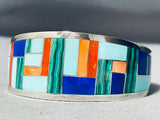 Thicker Native American Zuni Turquoise Sterling Silver Inlay Bracelet-Nativo Arts