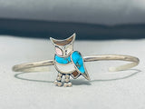 Adorable Vintage Native American Zuni Turquoise Mother Of Pearl Sterling Silver Owl Bracelet-Nativo Arts
