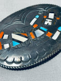 Intricate Heavy Patina Vintage Native American Navajo Turquoise Kachina Sterling Silver Buckle-Nativo Arts