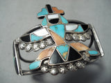 Eartly 1900's Vintage Native American Zuni Turquoise Kachina Sterling Silver Inlay Bracelet Old-Nativo Arts
