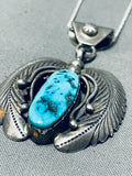 Double Flank Leaf Vintage Native American Navajo Turquoise Sterling Silver Necklace Old-Nativo Arts