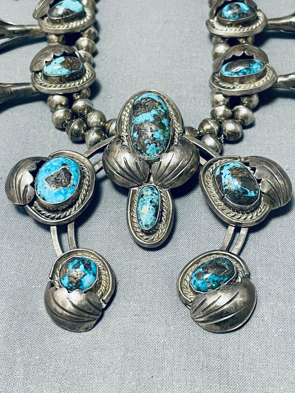 100% Bisbee Turquoise Vintage Native American Navajo Sterling Silver Squash Blossom Necklace-Nativo Arts