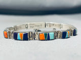 Incredibly Intricate Native American Navajo Turquoise Inlay Sterling Silver Clasp Bracelet-Nativo Arts