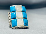 Magnificent Vintage Native American Navajo Turquoise & Mother Of Pearl Sterling Silver Ring-Nativo Arts
