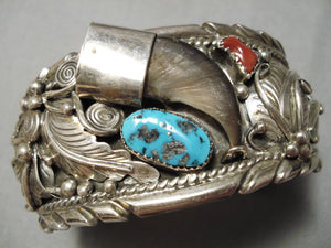 Huge Vintage Native American Navajo Turquoise Coral Sterling Silver Leaf Bracelet-Nativo Arts
