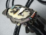 Detailed Vintage Zuni Native American Turquoise Kachina Sterling Silver Bolo Tie-Nativo Arts