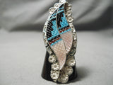 Amazing Hand Carved Zuni Native American Turquoise Sterling Silver Coral Ring-Nativo Arts