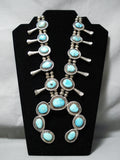 Blue Diamond Turquoise Vintage Native American Navajo Sterling Silver Squssh Blossom Necklace-Nativo Arts