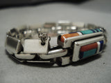 Best Vintage Native American Navajo Jimmie King Jr Turquoise Inlay Link Sterling Silver Bracelet-Nativo Arts