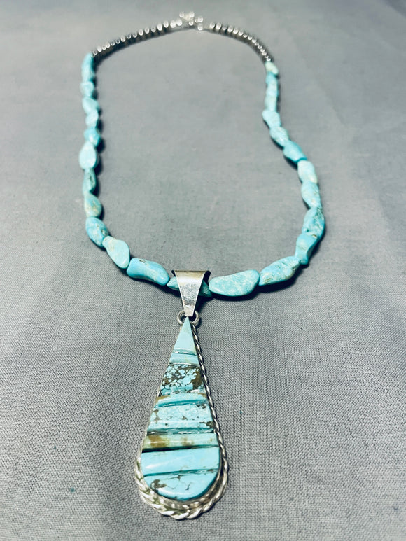 Beautiful Native American Navajo Turquoise Inlay Sterling Silver Teardrop Necklace-Nativo Arts