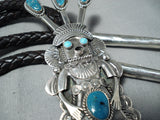 Extraordinary Native American Navajo Kingman Turquoise Sterling Silver Kachina Bolo Tie-Nativo Arts