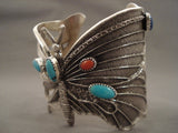 106 Grams Huge 'Butterfly Cuff' Navajo Turquoise Coral Native American Jewelry Silver Bracelet-Nativo Arts